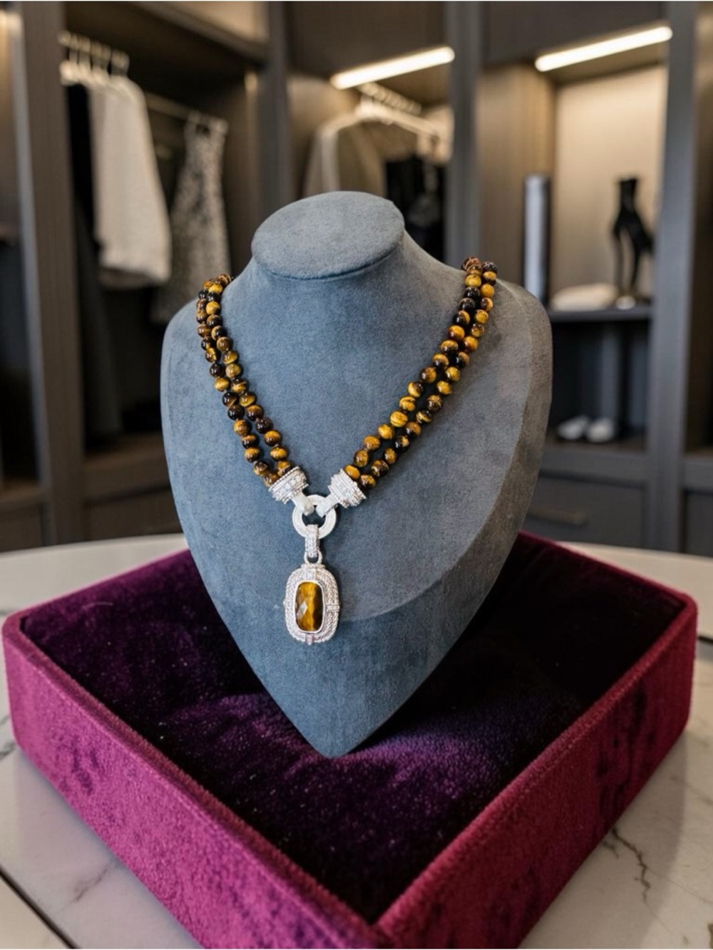 Judith Ripka RARE Luxury Vintage Designer Authentic Silver Tiger Eye Necklace